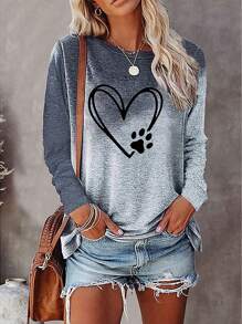 EMERY ROSE 女士修身渐变爪印圆领长袖休闲舒适T恤，春秋季女式印花T恤上衣 - 彩色 - 查看 1