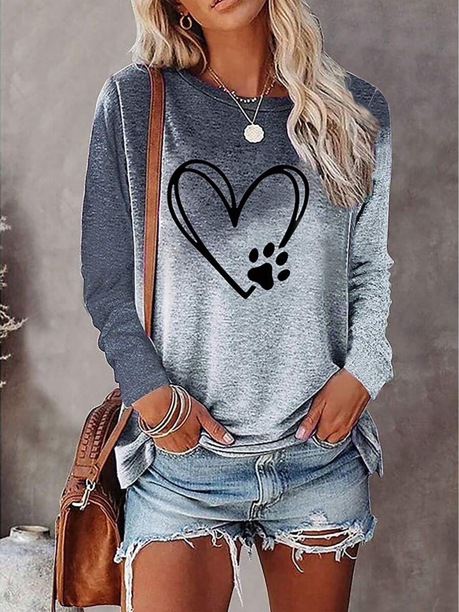 EMERY ROSE 女士修身渐变爪印圆领长袖休闲舒适T恤，春秋季女式印花T恤上衣 - 彩色 - 查看 1