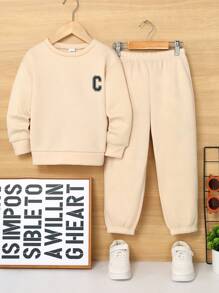 SHEIN 6 件套年轻男孩休闲纯色舒适针织圆领长袖字母印花运动衫和运动裤套装，适合居家、户外、返校、生日、婴儿洗礼、节日派对、秋冬季，羊毛，加厚 - 彩色 - 查看 9