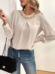 Chiquease Solid Color Hollow Splice Round Neck Long Sleeve Button Casual Top Fall Cloth For Women - Apricot - View 3