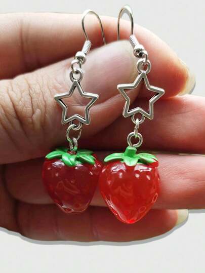 Kawaii 1pair Cute Iron Alloy Strawberry & Star Drop Earrings For Women For Daily Decoration