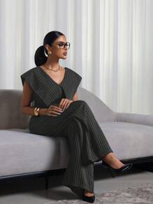 Mulvari 2 件套女士条纹印花 V 领上衣和裤子套装 2 件套 - 深灰色 - 查看 11