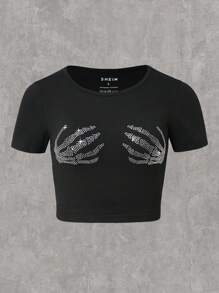 Noixe Skeleton Hand Rhinestone Detail Crop Tee