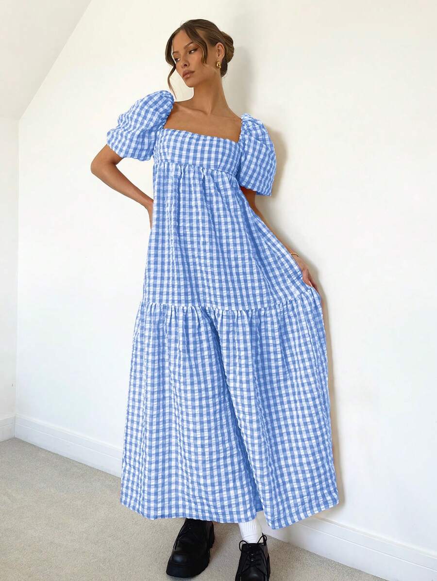 SHEIN Essnce 女士彩色格子泡泡袖夏季连衣裙夏威夷连衣裙飘逸连衣裙乡村连衣裙夏季女士连衣裙 - 藍白色 - 查看 1