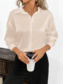 SHEIN Clasi Áo sơ mi dài tay giản dị tối giản màu trơn cho nữ - Rượu sâm banh - Xem 4