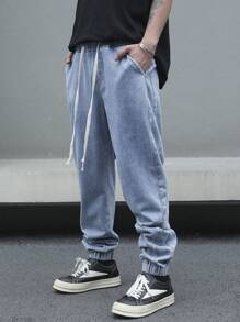 Manfinity EZcore 男士时尚抽绳口袋街头风格牛仔裤，纯色长直筒浅蓝色抽绳工装牛仔裤，适合丈夫、男朋友的礼物 - 藍色 - 查看 8