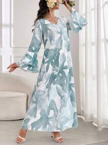 Yasmyna 女士春夏优雅植物印花喇叭袖长款阿拉伯朴素连衣裙 - 綠色 - 查看 3