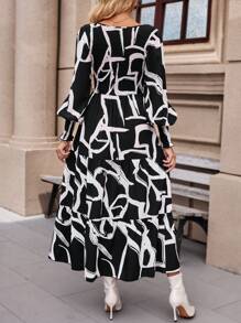 SHEIN Clasi Allover Print V-Neck Long Sleeve Ruffle Hem Dress - Black - View 2