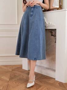 DAZY 女士长款拉链前开襟休闲牛仔A字裙 - 中等水洗藍 - 查看 6