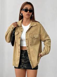 SHEIN EZwear Women's Spring And Autumn Khaki Distressed Textured Jacket, Casual Clothes