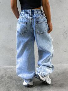 SHEIN Explorewe Young Girl New Casual And Stylish Light Blue Distressed Washed Straight Leg Jeans, School, Campus, College Summer Holiday