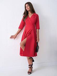 SHEIN Tall Vestido de traje elegante midi con cintura ajustada, cuello rojo y vuelta para dama de estatura alta - Rojo - Ver 1
