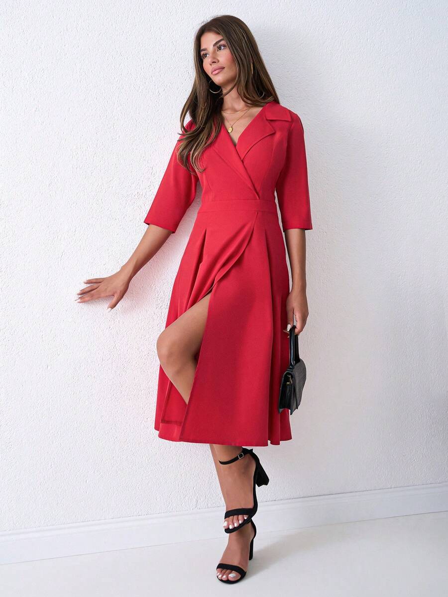 SHEIN Tall Vestido de traje elegante midi con cintura ajustada, cuello rojo y vuelta para dama de estatura alta - Rojo - Ver 1