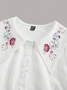 SHEIN Unity Women's Solid Color Collar Long Sleeve Front Button Floral Embroidery Casual Blouse - White - View 1