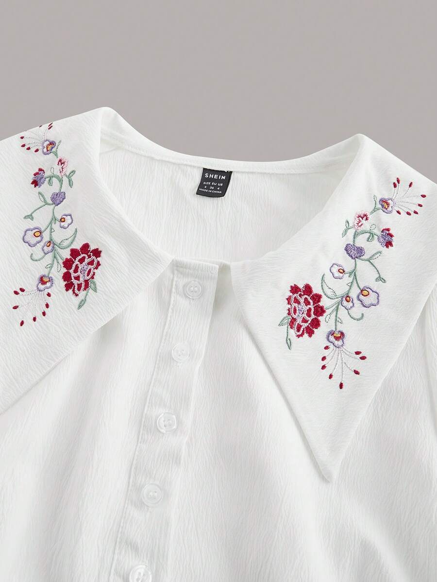 SHEIN Unity Women's Solid Color Collar Long Sleeve Front Button Floral Embroidery Casual Blouse - White - View 1