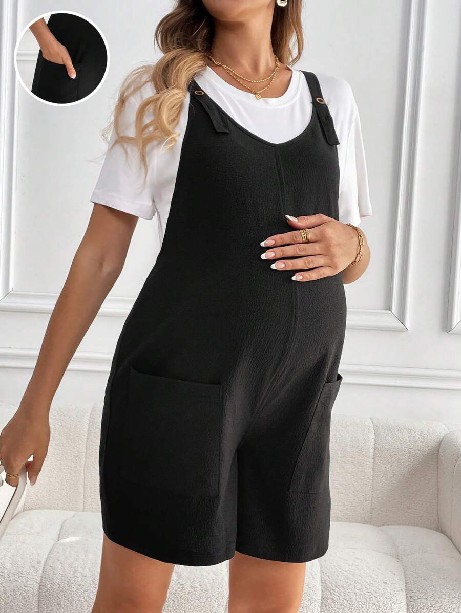 SHEIN Maternity Casual Solid Color Pocket Romper, Summer