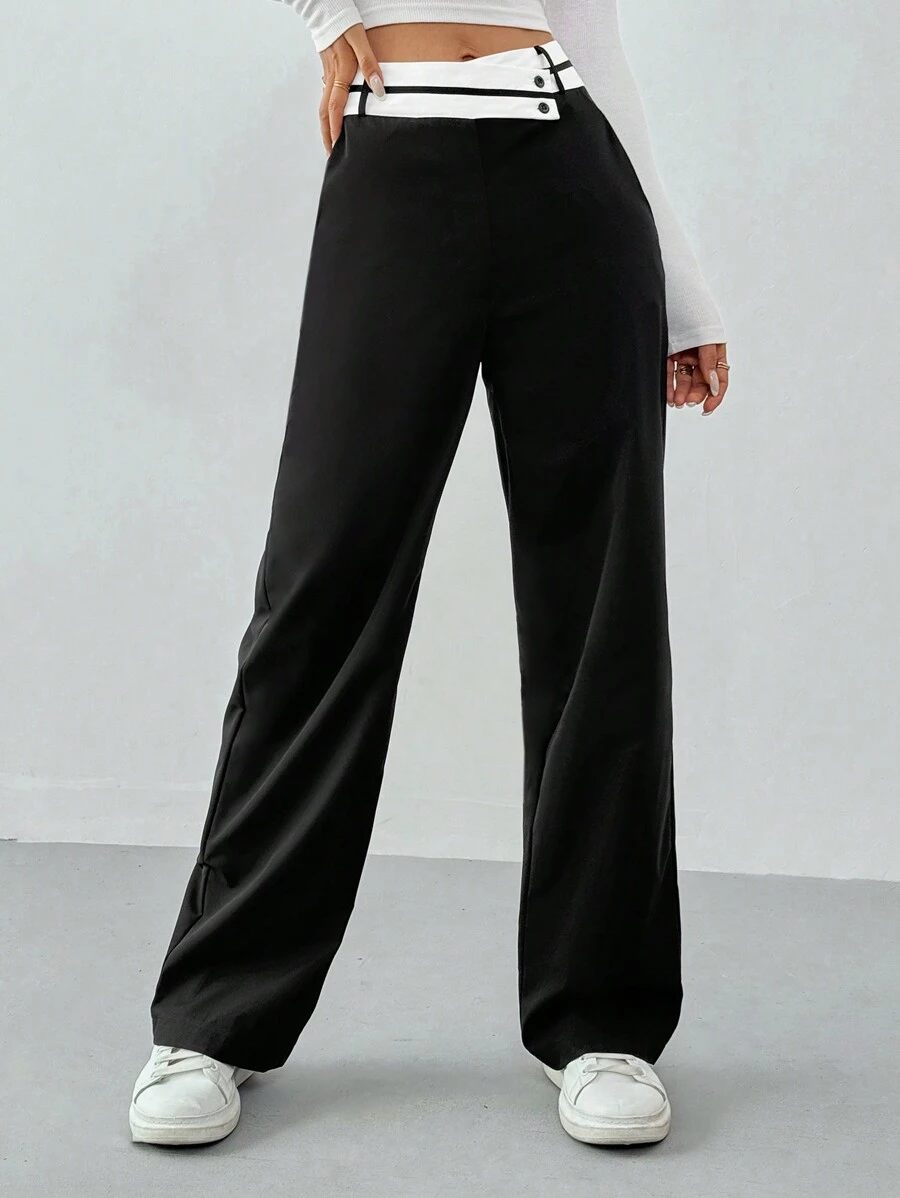 SHEIN Tall Pantalones rectos de talle alto asimétricos negros para mujer - Negro - Ver 1