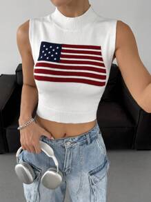 SHEIN EZwear Women's Casual Crew Neck National Flag Pattern Knit Sweater