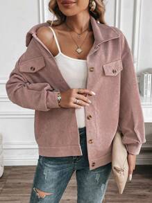 SHEIN LUNE Plain Front Button Up Casual Long Sleeve Jacket - Pink - View 4