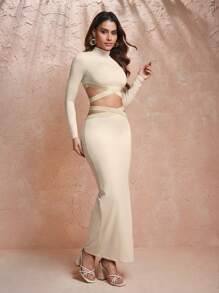 Keraye London Soft Lux Collection 设计师针织高领优雅连衣裙，节日，派对前夜，生日音乐会服装，节日，狂欢服装节日，婚礼，舞会礼服 - 黃色 - 查看 5