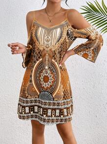 Breezaya Women Vintage Style Print Off Shoulder Dress Vacation Beach Outfit - Brown - View 5
