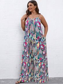 SHEIN Clasi Plus Size Women Color Print Jumpsuit - Dark Green - View 4