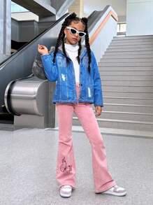 SHEIN Explorewe Tween 女童休闲百搭保暖纹理连帽保暖内衬夹克 - 藍色 - 查看 6