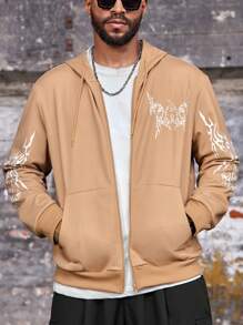 Manfinity LEGND 大码男式哥特式图案印花抽绳拉链连帽衫，春/秋 - 卡其色 - 查看 4