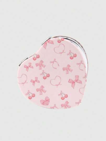 Kawaii 1pc Pink PU Leather Bowknot & Heart Print Portable Makeup Mirror, Assorted Print Location