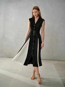 MOTF PREMIUM 翻领撞色褶饰面板扣带腰带中长连衣裙 - 黑與白 - 查看 5