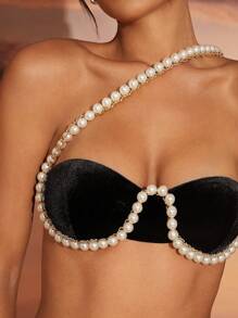 Hauture Asymmetric Pearl Strap & Embellishment Velvet Top - Black - View 4