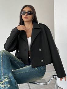 Flirla Women's Turn-Down Collar Long Sleeve Button Elegant Black Short Jacket - Black - View 4