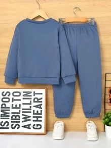 SHEIN 6 件套年轻男孩休闲纯色舒适针织圆领长袖字母印花运动衫和运动裤套装，适合居家、户外、返校、生日、婴儿洗礼、节日派对、秋冬季，羊毛，加厚 - 彩色 - 查看 10