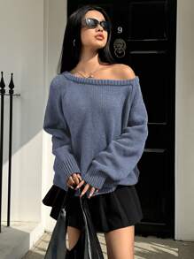 Muchica Solid Raglan Sleeve Sweater,Long Sleeve Tops In Fall/Winter - Blue - View 4