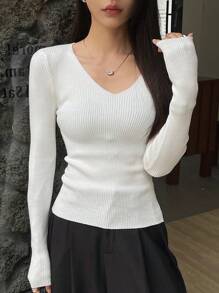 DAZY Women's Solid Color Simple Everyday Long Sleeve Sweater,Long Sleeve Tops - White - View 7