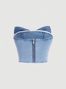 SHEIN Girlism Tween Girls Y2K Fashion Cute Bowknot Cropped Girl's Denim Tube Top - Medium Wash - View 2