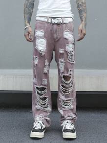 Manfinity EMRG Calça Denim Casual Folgada Rasgada e Desgastada com Botão Masculina - Rosa chiclete - Visão 1