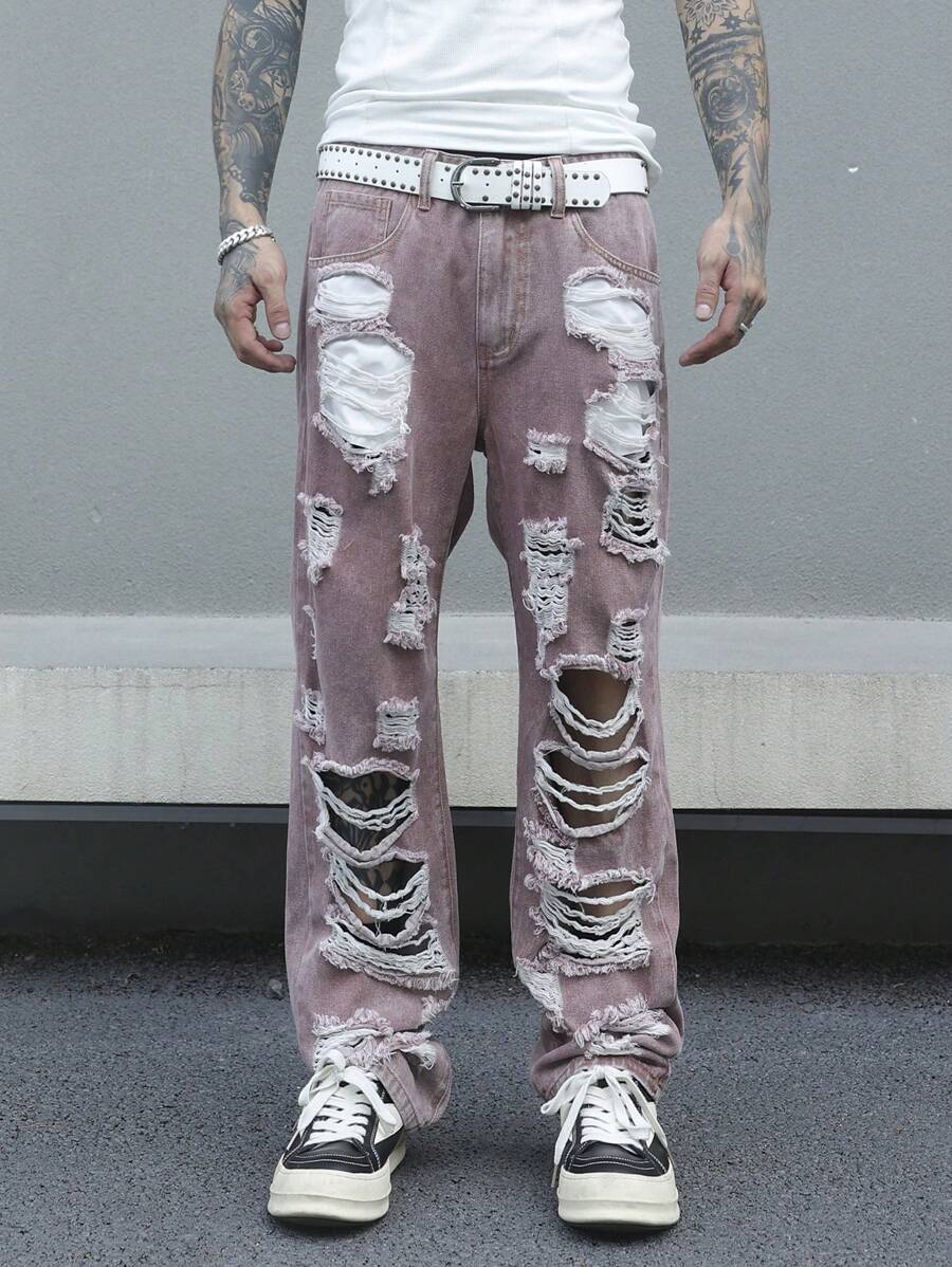 Manfinity EMRG Calça Denim Casual Folgada Rasgada e Desgastada com Botão Masculina - Rosa chiclete - Visão 1