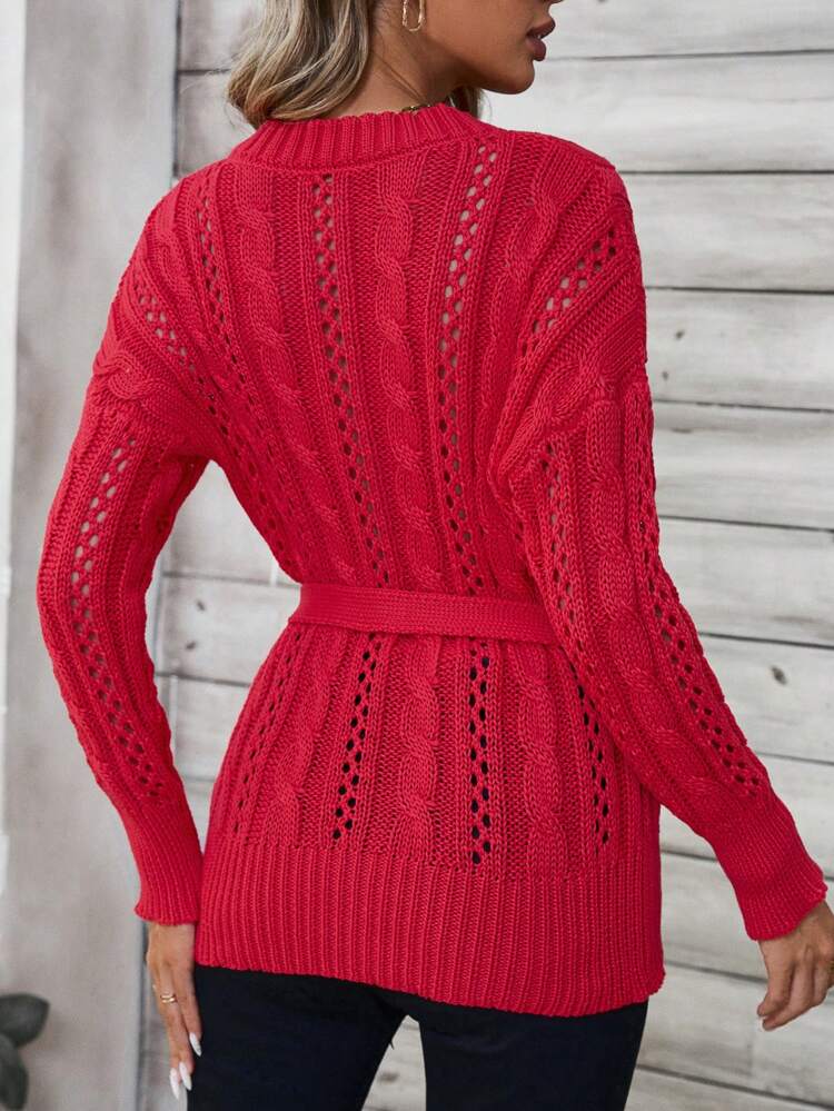 Women's V-Neck Button Down Long Sleeve Belted Loose Comfortable Cardigan