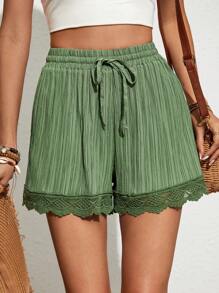 SHEIN VCAY Women's Solid Color Contrast Lace Belted Loose Shorts - Green - View 4