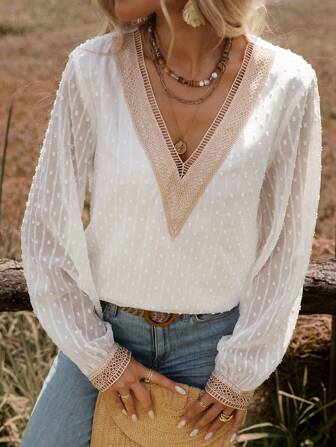 SHEIN VCAY Women V-Neck Textured Floral Trim Casual Vacation Shirt, Fall/Winter