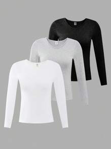 Sparklyn 3 件装 Tween Girl 休闲日常 V 领长袖 T 恤，黑白灰色