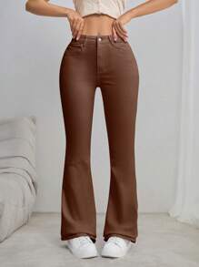 SHEIN Tall جينز ناعم أزرق بسيط يومي للنساء - احمر خشبي - مشاهدة 4
