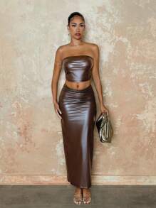 SHEIN BAE Váy bút chì và áo xếp nếp màu trơn dành cho nữ - màu nâu - Xem 5