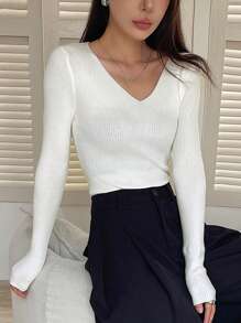 DAZY Women's Solid Color Simple Everyday Long Sleeve Sweater,Long Sleeve Tops - White - View 4