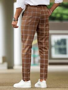 Manfinity Homme Men's Plaid Straight Loose Casual Commute Suit Pants With Pockets Men Plaid Pantsplaid Pants Menplaid Pantscheckered Pantsbrown Pants For Men - Chocolate Brown - View 2