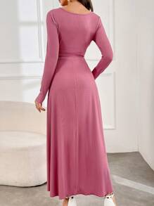 Modelyn Vestido largo de manga larga con cuello asimétrico de unicolor para mujer, primavera y verano