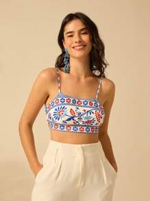 CAJUNI Women Selenipedium And Azalea Prints Boho Vacation Casual Summer Micro Crop Tank Top - Multicolor - View 4