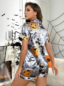 Bộ đồ ngủ nữ giả lụa in hình Halloween - Xám - Xem 2