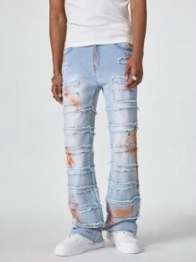 Manfinity EMRG Pantalones vaqueros de campana desgastados de color azul claro desteñido para hombre